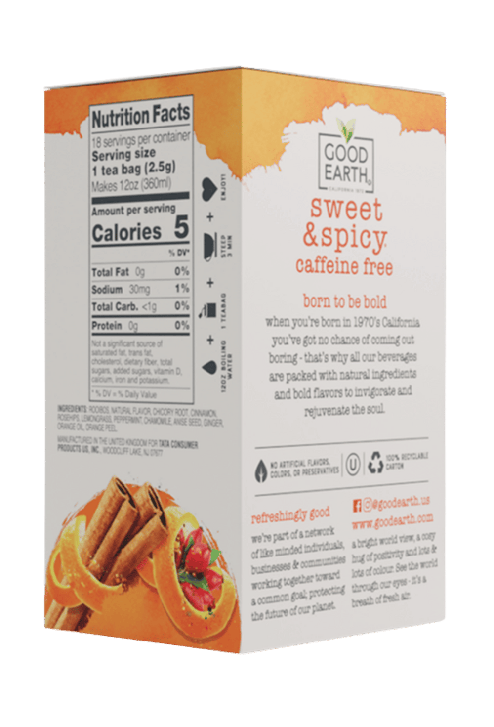 A box of Good Earth Sweet & Spicy Caffe Free tea bags, featuring a white and orange design with a nutrition facts panel, product description, and an illustration of orange slices and a strawberry.