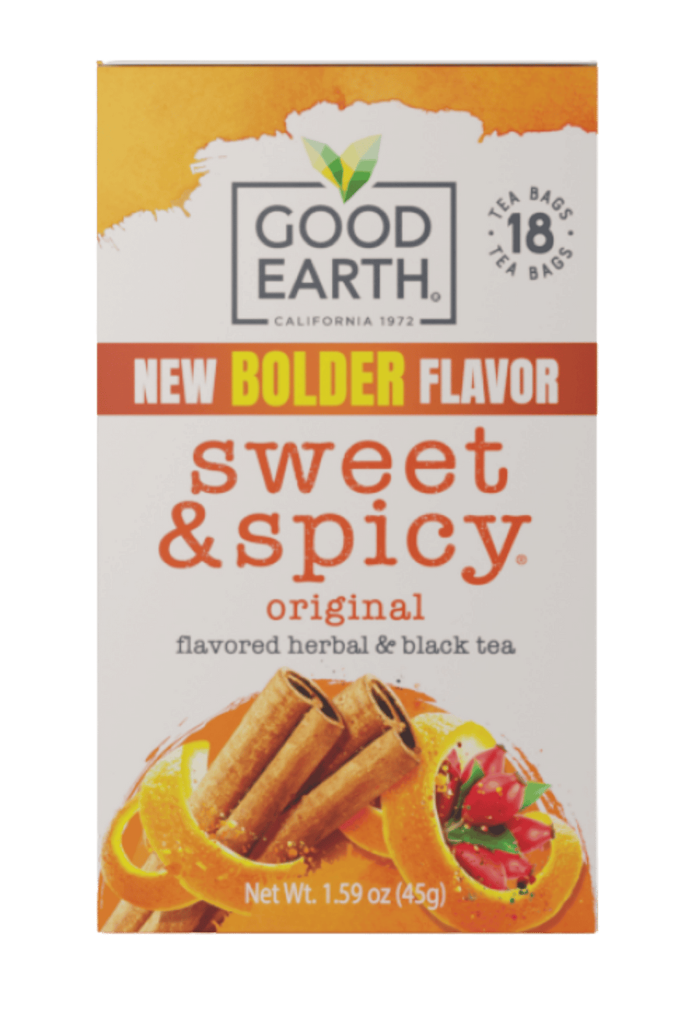 Front-facing tea box for Good Earth Sweet & Spicy Original flavored herbal and black tea, with orange and red graphics and illustrations of cinnamon sticks and citrus slices.