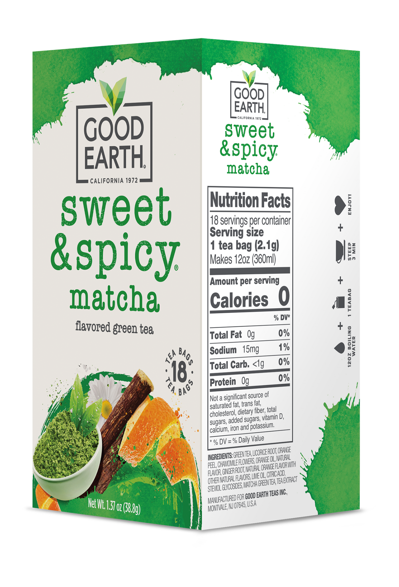 Good Earth Super Green Tea, Matcha, Sencha & Orange - 18 bags, 1.37 oz box